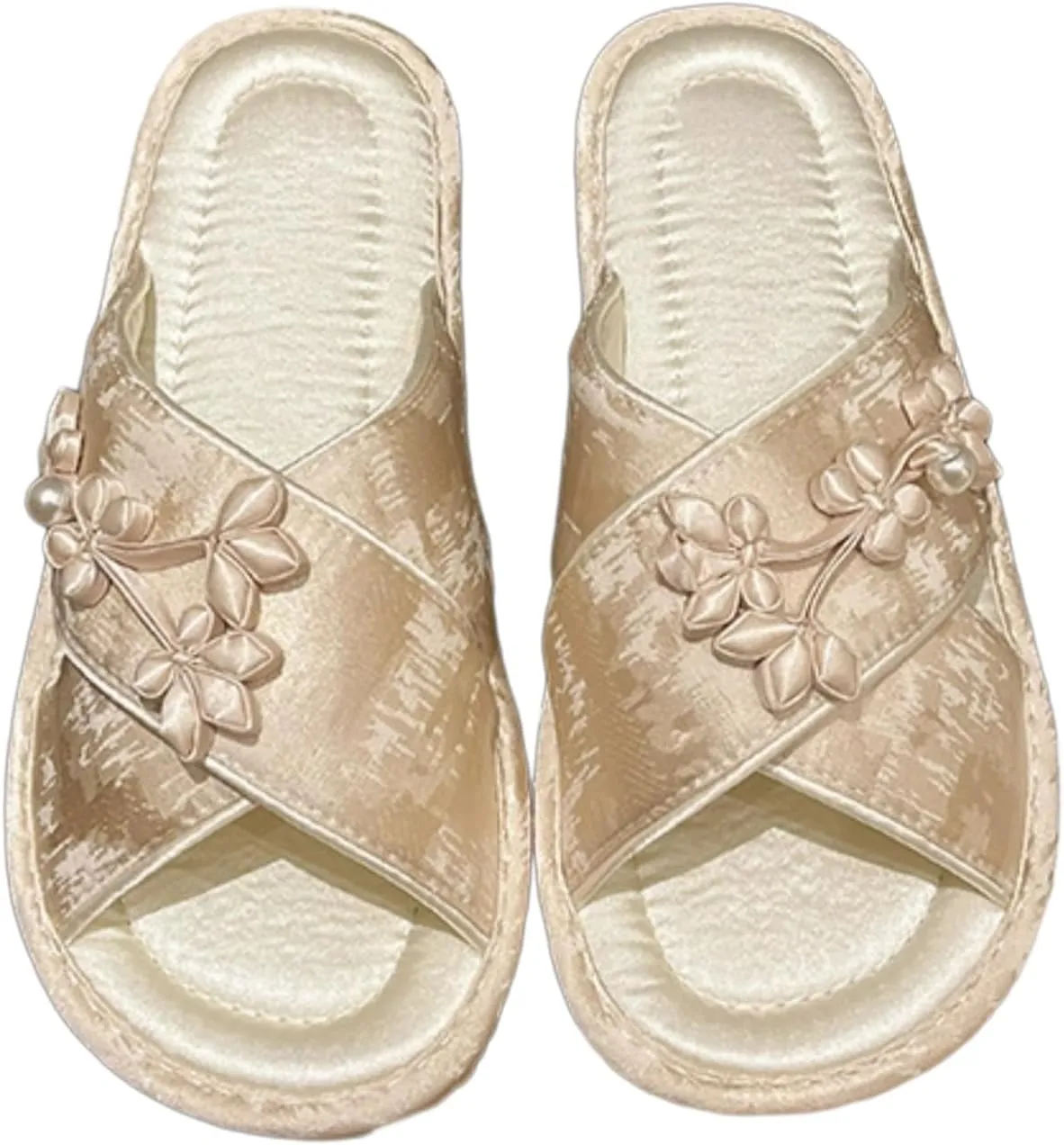 Satin Cross-Strap Slippers for Women Retro Flip-Flops Flower Decor Satin Upper Soft TPR Anti-Slip Soles Indoor Outdoor Slippers