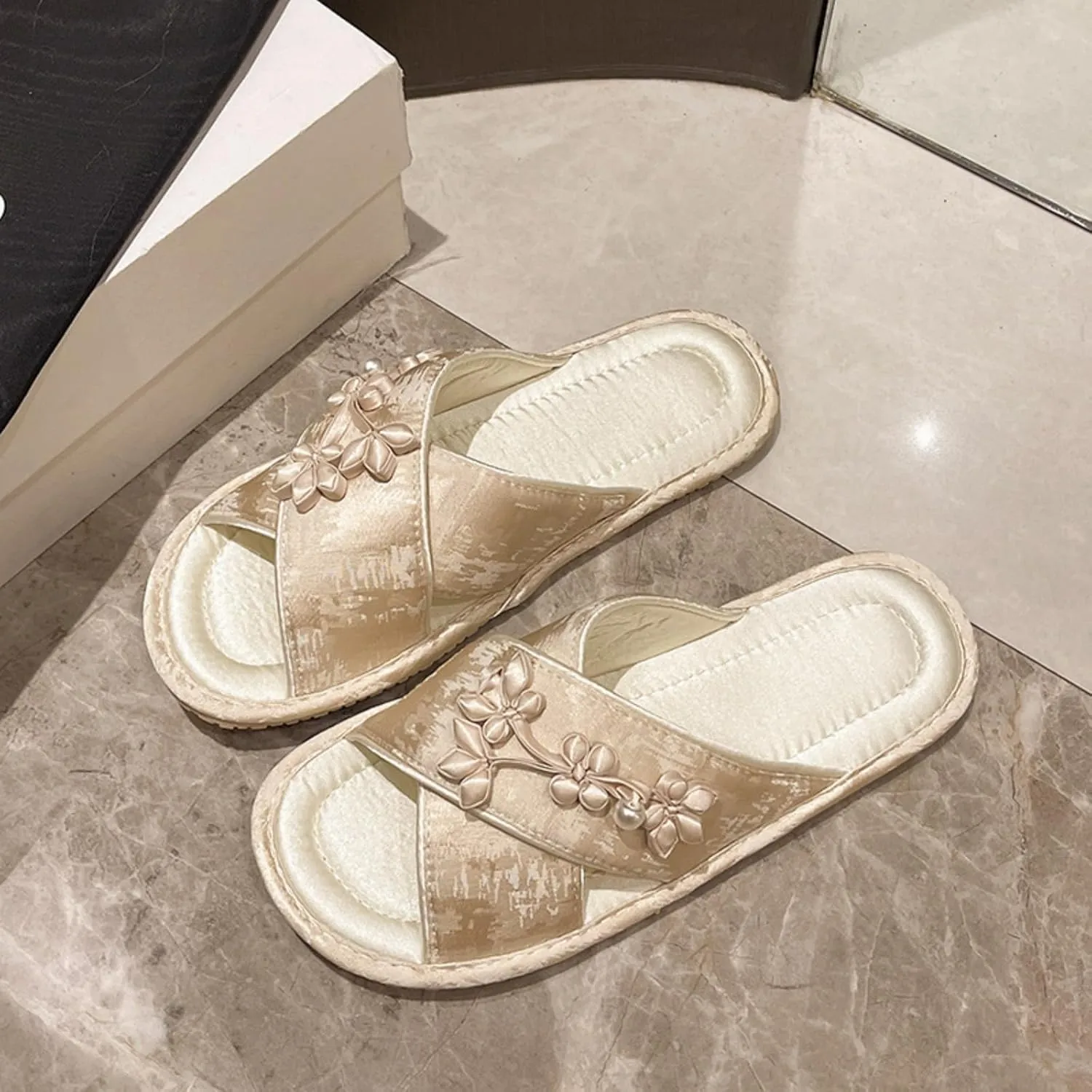 Satin Cross-Strap Slippers for Women Retro Flip-Flops Flower Decor Satin Upper Soft TPR Anti-Slip Soles Indoor Outdoor Slippers