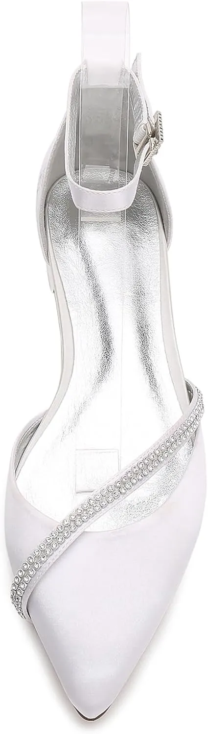 Satin Rhinestones Wedding Shoes for Bride Flats Pointed Toe Formal Dress Shoes Flats