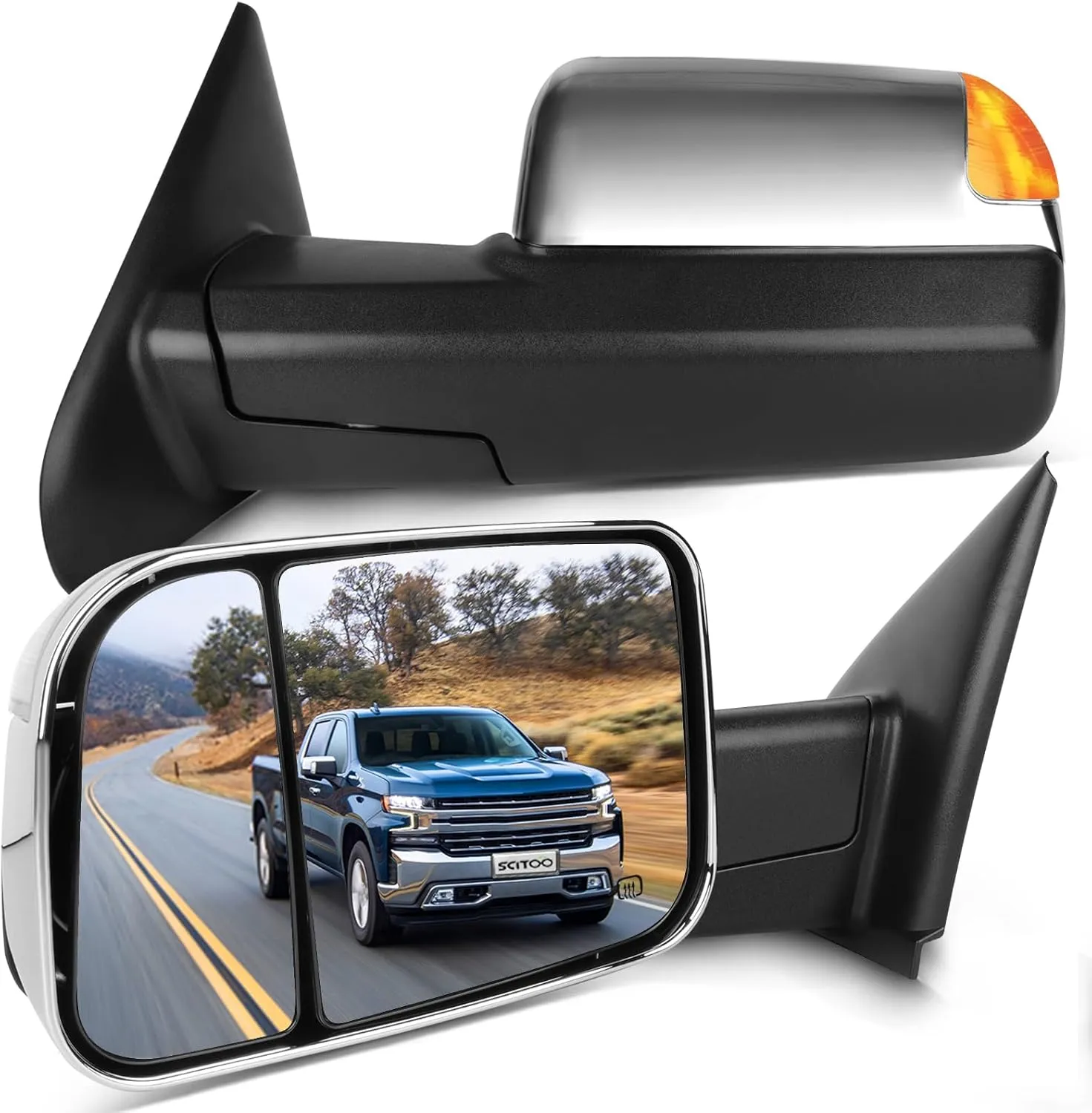 SCITOO Towing Mirrors Chrome fit for 2009-2017 for Ram 1500 2010-2017 for Ram 2500 3500 with Pair LH RH Power Adjusted Heated LED Turn Signal Puddle Light