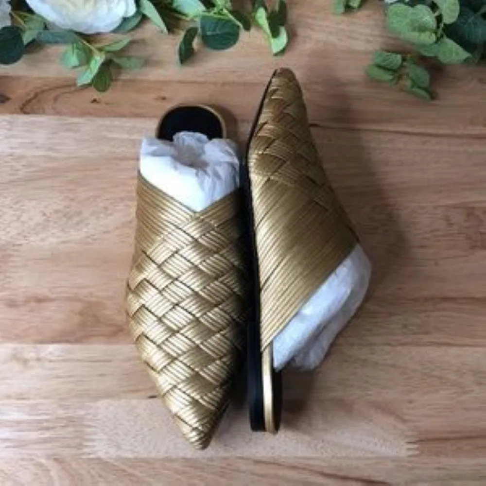 Sigerson Morrison Dava Woven Leather Pointed Toe Mules  Gold Size 5.5