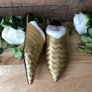 Sigerson Morrison Dava Woven Leather Pointed Toe Mules  Gold Size 5.5