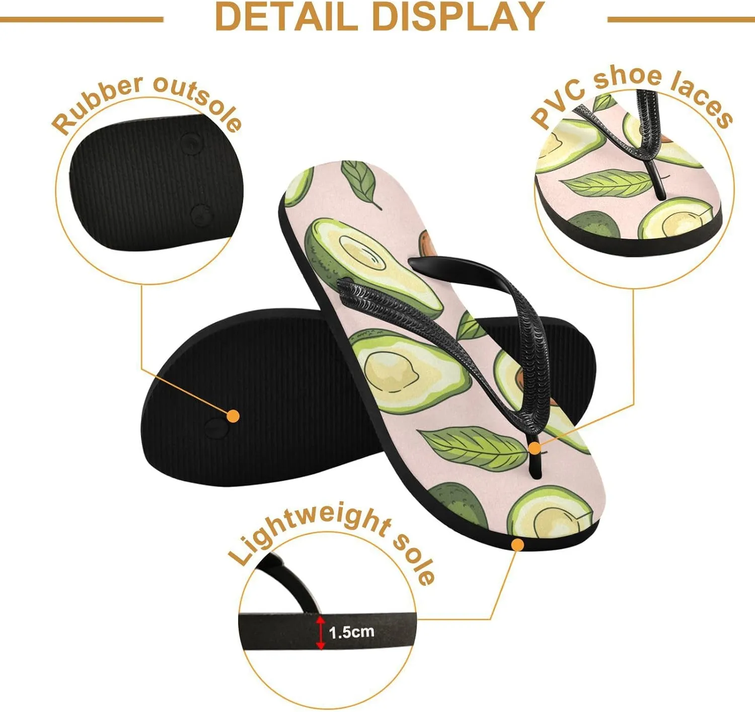 Slim Flip Flops for Women Beach - Cute Avocado Casual Thong Flat Sandals Rubber Slide Slippers Shower Shoes
