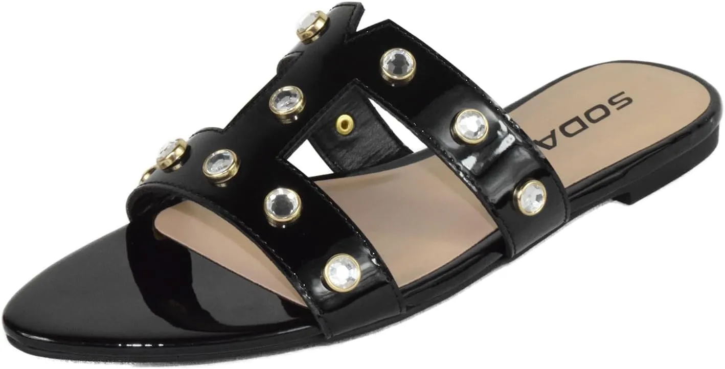 Soda Shoes Women's Sandals Double Strap Slides Rhinestone Bling Studded Open Pointed Toe YISKA-S