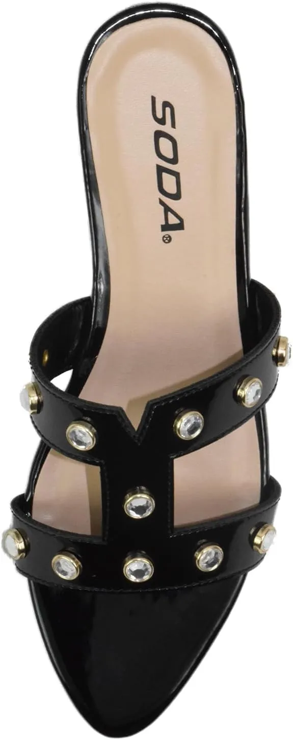 Soda Shoes Women's Sandals Double Strap Slides Rhinestone Bling Studded Open Pointed Toe YISKA-S