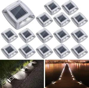 Solar Driveway Lights 16 Pack, Solar Powered IP68 Waterproof Dock Lights, 4 LED Driveway Markers Deck Light for Dock, Pathway, Walkway, Sidewalk, Garden, Yard, Stair, Marine Use (White)