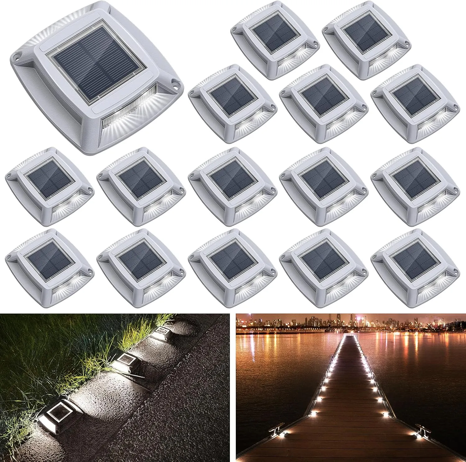 Solar Driveway Lights 16 Pack, Solar Powered IP68 Waterproof Dock Lights, 4 LED Driveway Markers Deck Light for Dock, Pathway, Walkway, Sidewalk, Garden, Yard, Stair, Marine Use (White)