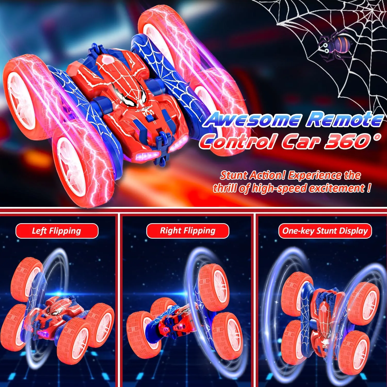 Spider Remote Control Car for Kids 4-7 - RC Stunt Car Toys for Boys and Girls Aged 3 4 5 6 7 8 9 10 11 12 Christmas Birthday Gifts - 360° Rotating Car Toy with LED Light (Blue)