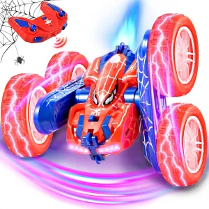 Spider Remote Control Car for Kids 4-7 - RC Stunt Car Toys for Boys and Girls Aged 3 4 5 6 7 8 9 10 11 12 Christmas Birthday Gifts - 360° Rotating Car Toy with LED Light (Blue)