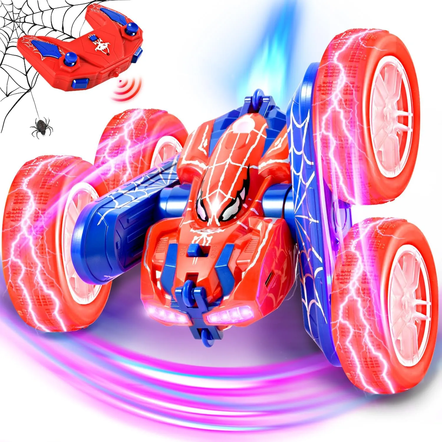 Spider Remote Control Car for Kids 4-7 - RC Stunt Car Toys for Boys and Girls Aged 3 4 5 6 7 8 9 10 11 12 Christmas Birthday Gifts - 360° Rotating Car Toy with LED Light (Blue)