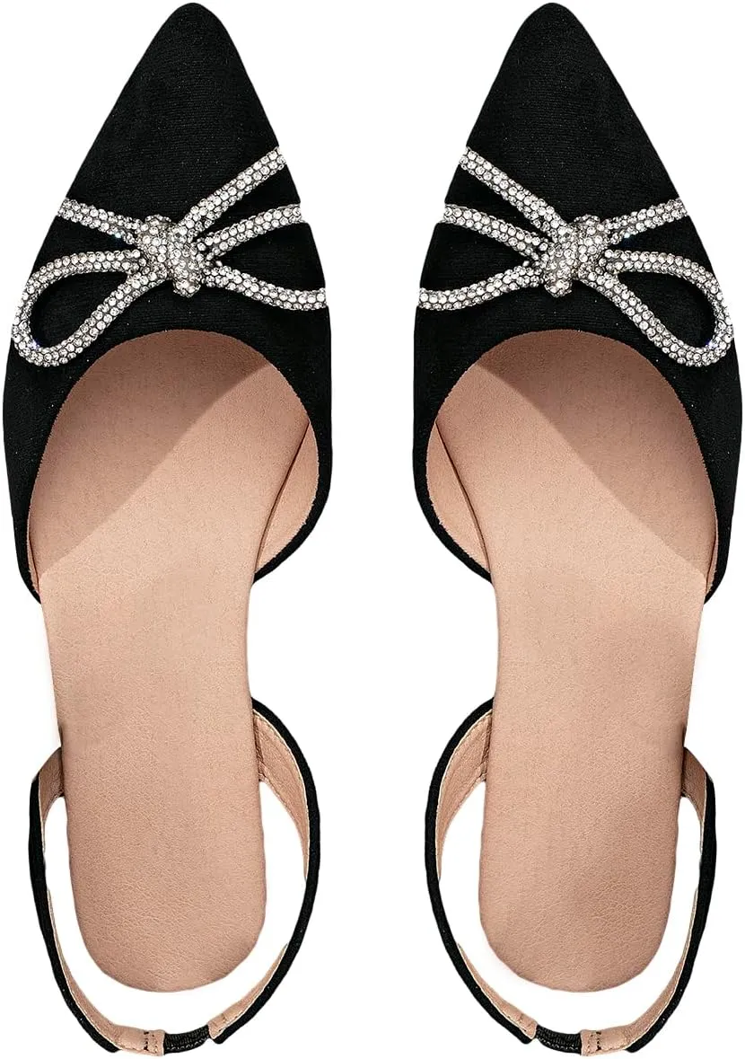 SweatyRocks Women's Rhinestone Pointed Toe Flats Sparkly Bow Decor Flats Dress Shoes