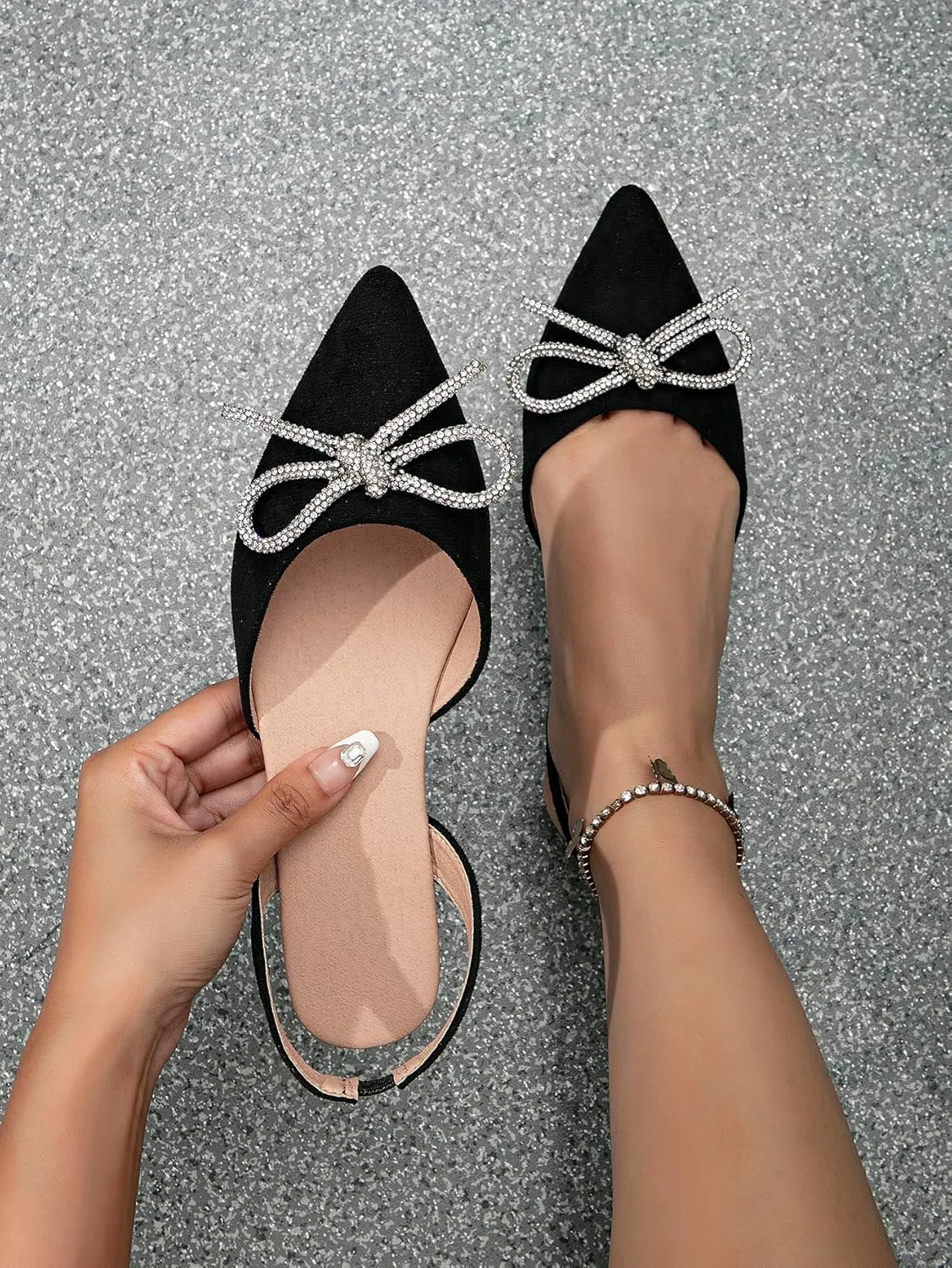 SweatyRocks Women's Rhinestone Pointed Toe Flats Sparkly Bow Decor Flats Dress Shoes