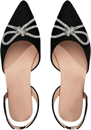 SweatyRocks Women's Rhinestone Pointed Toe Flats Sparkly Bow Decor Flats Dress Shoes