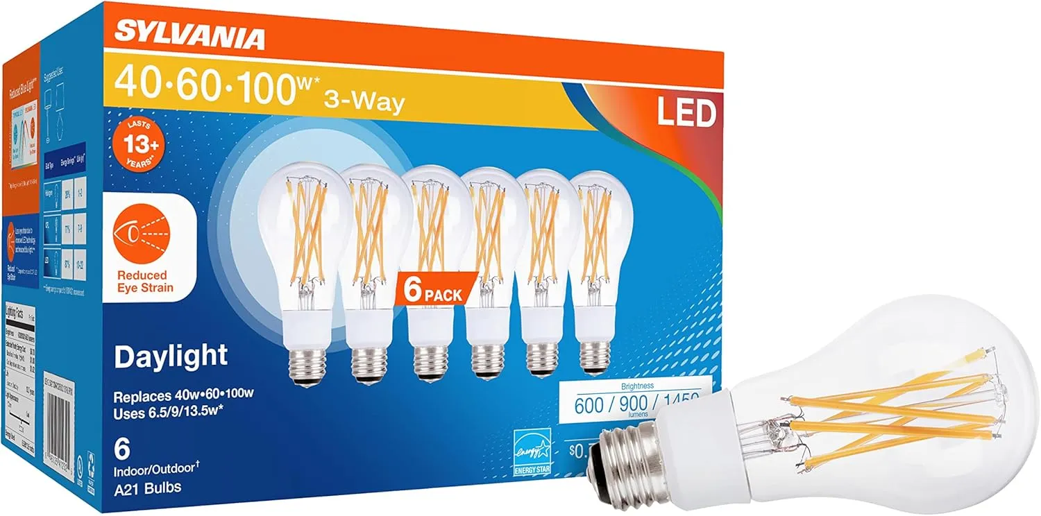 Sylvania Reduced Eye Strain A21 LED Light Bulb, 3-Way 40W / 60W / 100W, 13 Year, Dimmable, Clear, 5000K, Daylight - 6 Pack (41232)