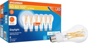 Sylvania Reduced Eye Strain A21 LED Light Bulb, 3-Way 40W / 60W / 100W, 13 Year, Dimmable, Clear, 5000K, Daylight - 6 Pack (41232)