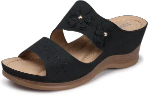 TEMOFON Women Wedge Sandals Dressy: Casual Sandal Woman Black Size 9 - Comfortable Arch Support Platform - Summer Orthopedic Sandals Shoes