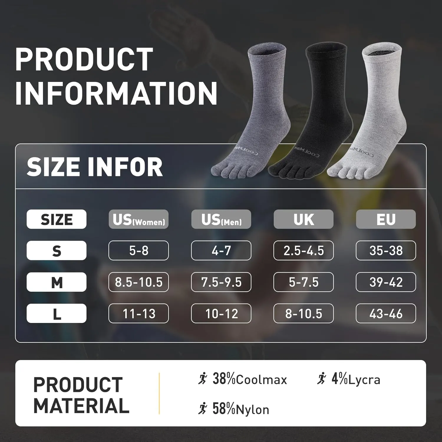 Toe Socks Liner Crew Socks for Men Women Cool-max Running Socks 3 Pairs Five Finger Socks