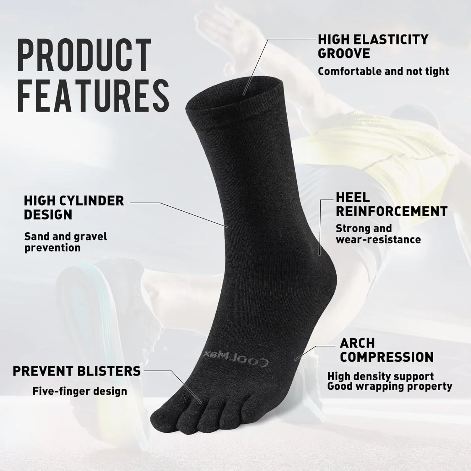 Toe Socks Liner Crew Socks for Men Women Cool-max Running Socks 3 Pairs Five Finger Socks