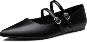 Trary Flats for Women Closed Pointed Toe Mary Jane Shoes Women Comfortable Slip on Ballet Flats Dressy Shoes Adjustable Strap PU Leather Mary Janes Loafers