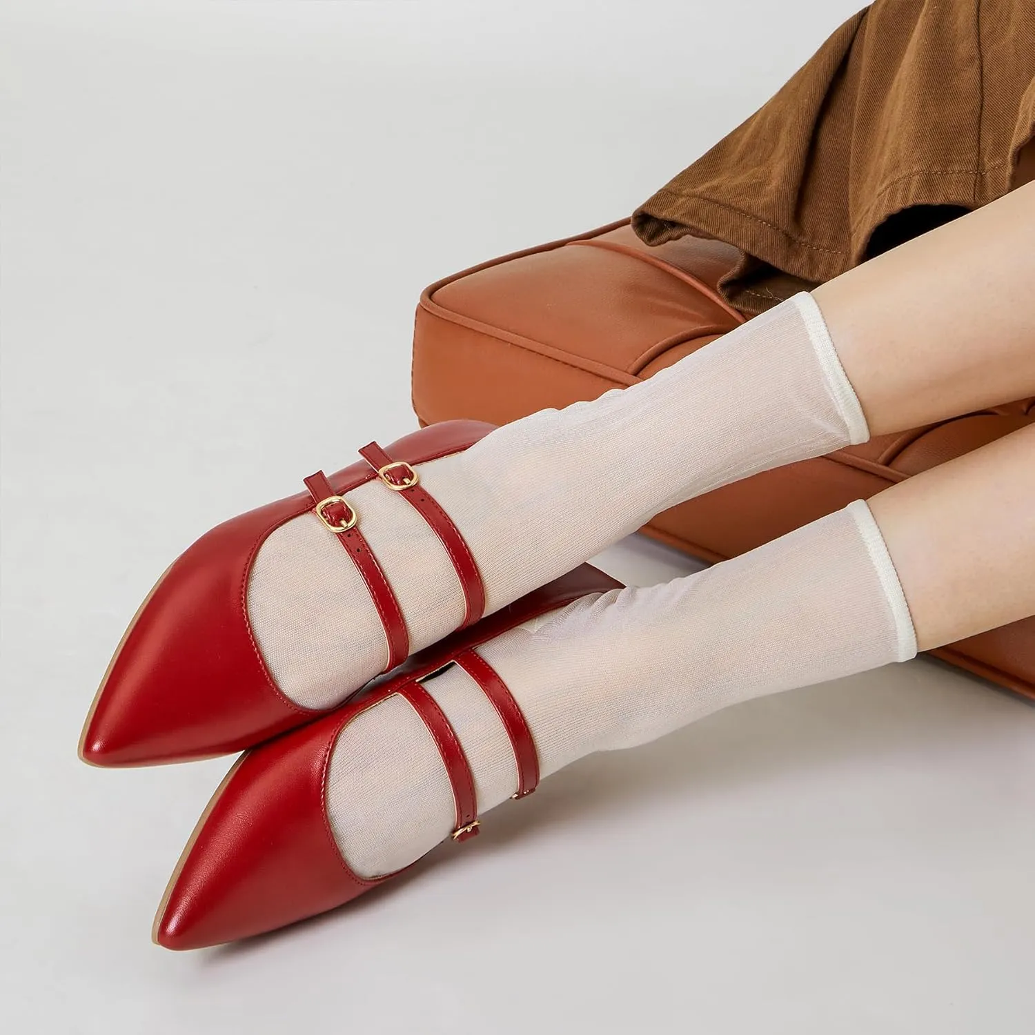 Trary Flats for Women Closed Pointed Toe Mary Jane Shoes Women Comfortable Slip on Ballet Flats Dressy Shoes Adjustable Strap PU Leather Mary Janes Loafers