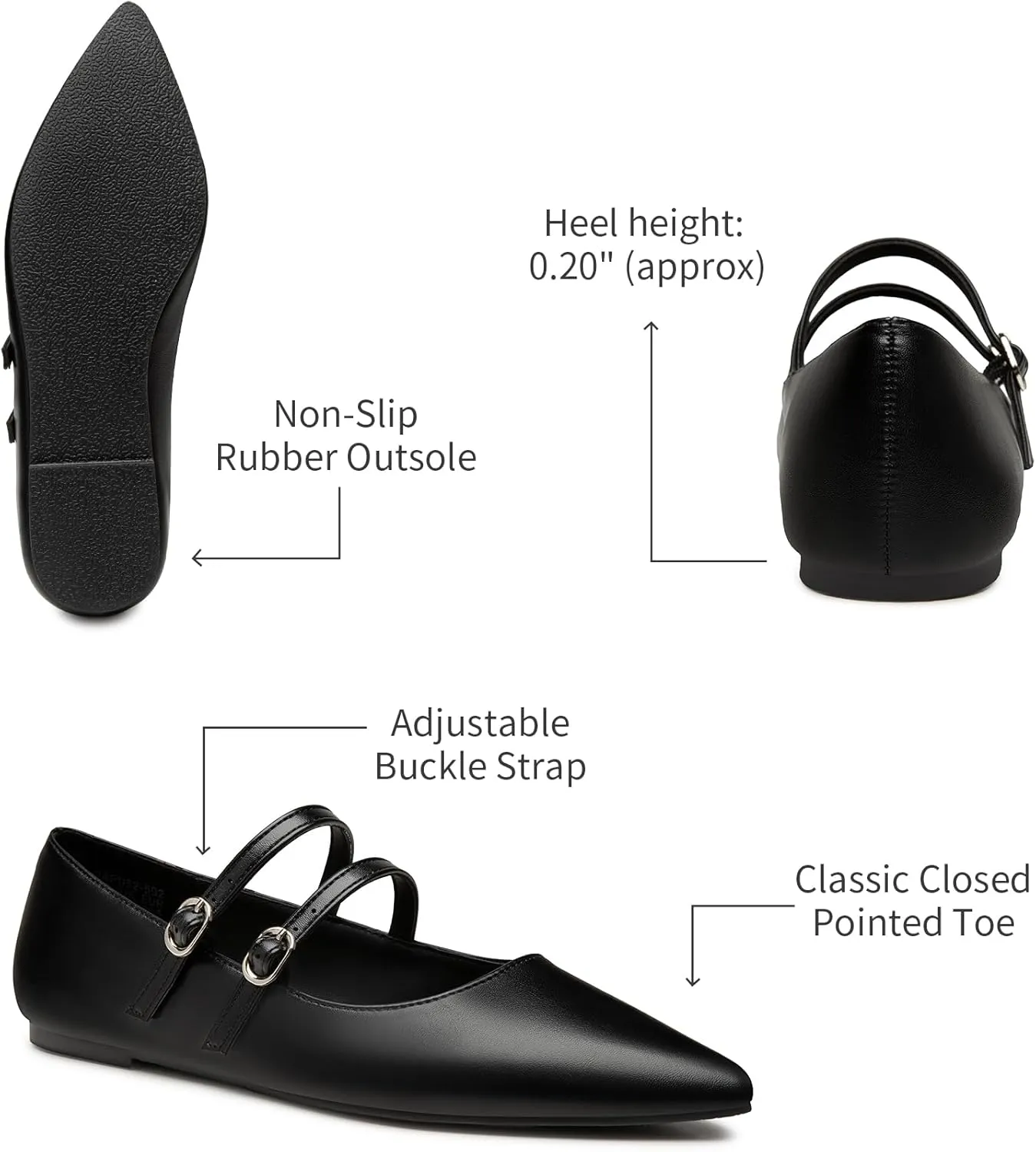 Trary Flats for Women Closed Pointed Toe Mary Jane Shoes Women Comfortable Slip on Ballet Flats Dressy Shoes Adjustable Strap PU Leather Mary Janes Loafers