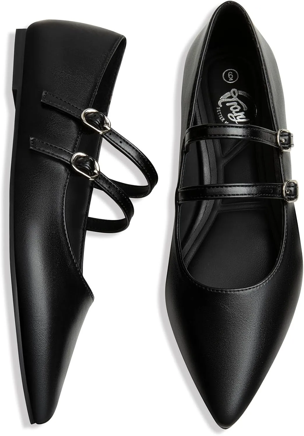 Trary Flats for Women Closed Pointed Toe Mary Jane Shoes Women Comfortable Slip on Ballet Flats Dressy Shoes Adjustable Strap PU Leather Mary Janes Loafers