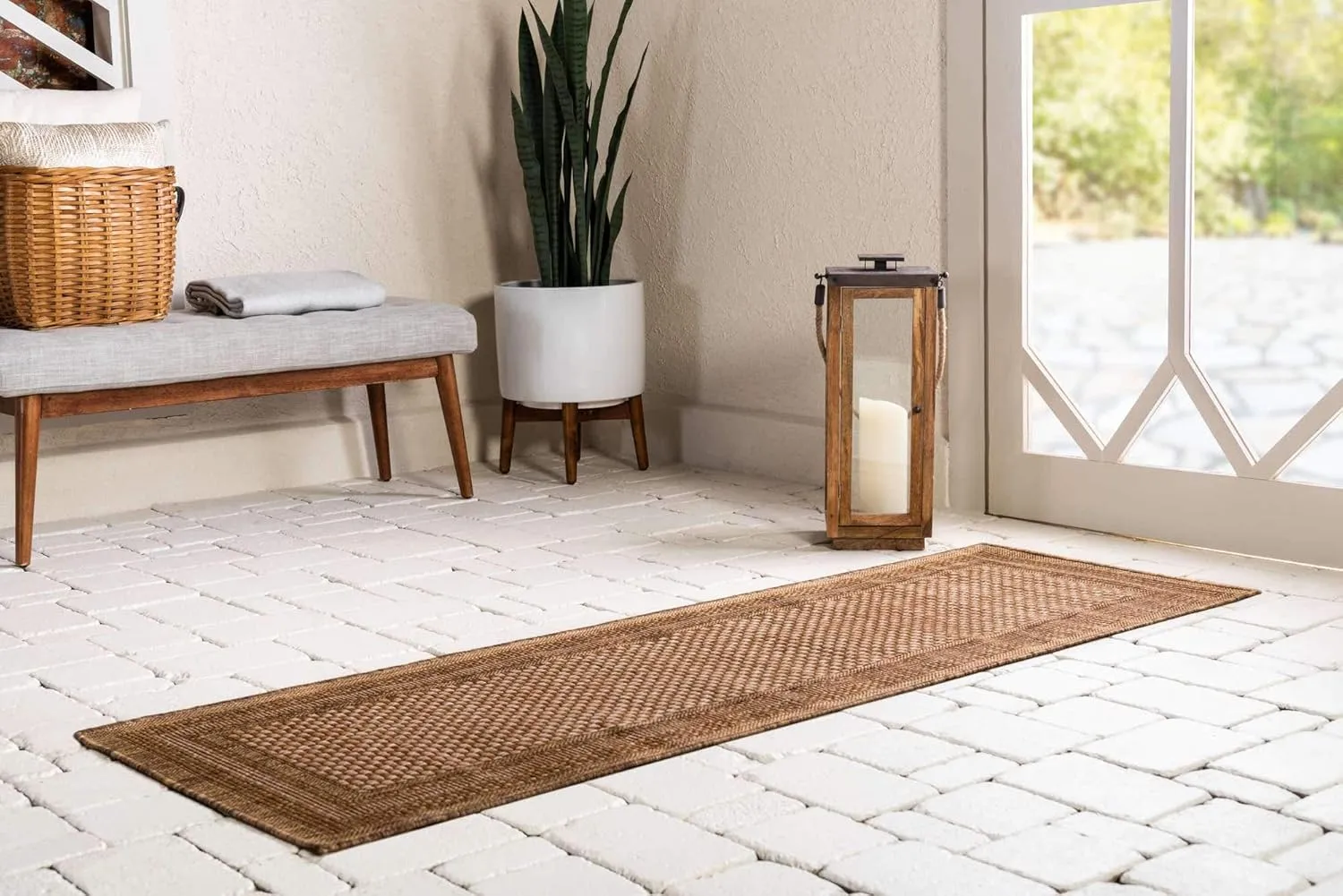 Unique Loom Outdoor Border Collection Area Rug - Multi Border (2' 2" x 6' 1" Runner, Tan/ Light Brown)