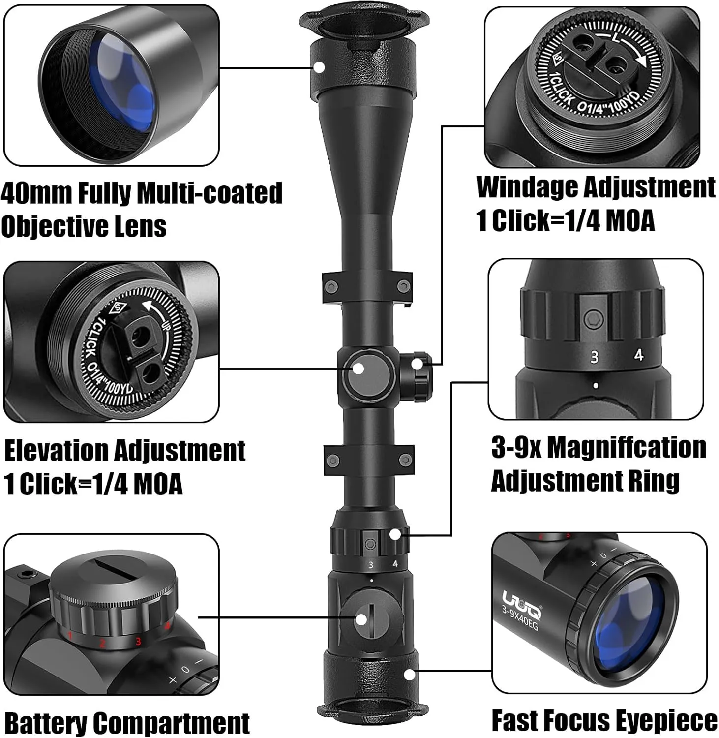 UUQ 3-9×40 Rifle Scope with Red/Green Illumination and Rangefinder Reticle-Includes Batteries,Fits 11mm Free Mounts,Waterproof and Fog-Proof