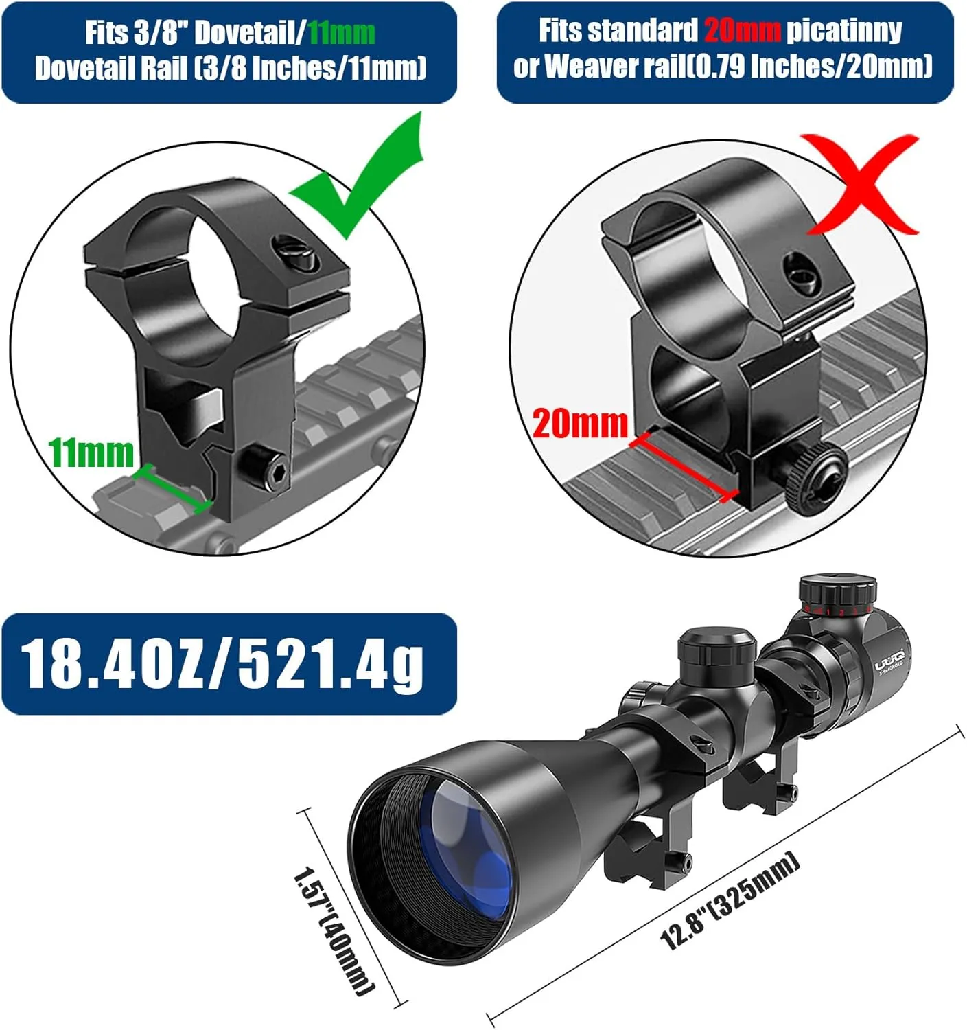UUQ 3-9×40 Rifle Scope with Red/Green Illumination and Rangefinder Reticle-Includes Batteries,Fits 11mm Free Mounts,Waterproof and Fog-Proof