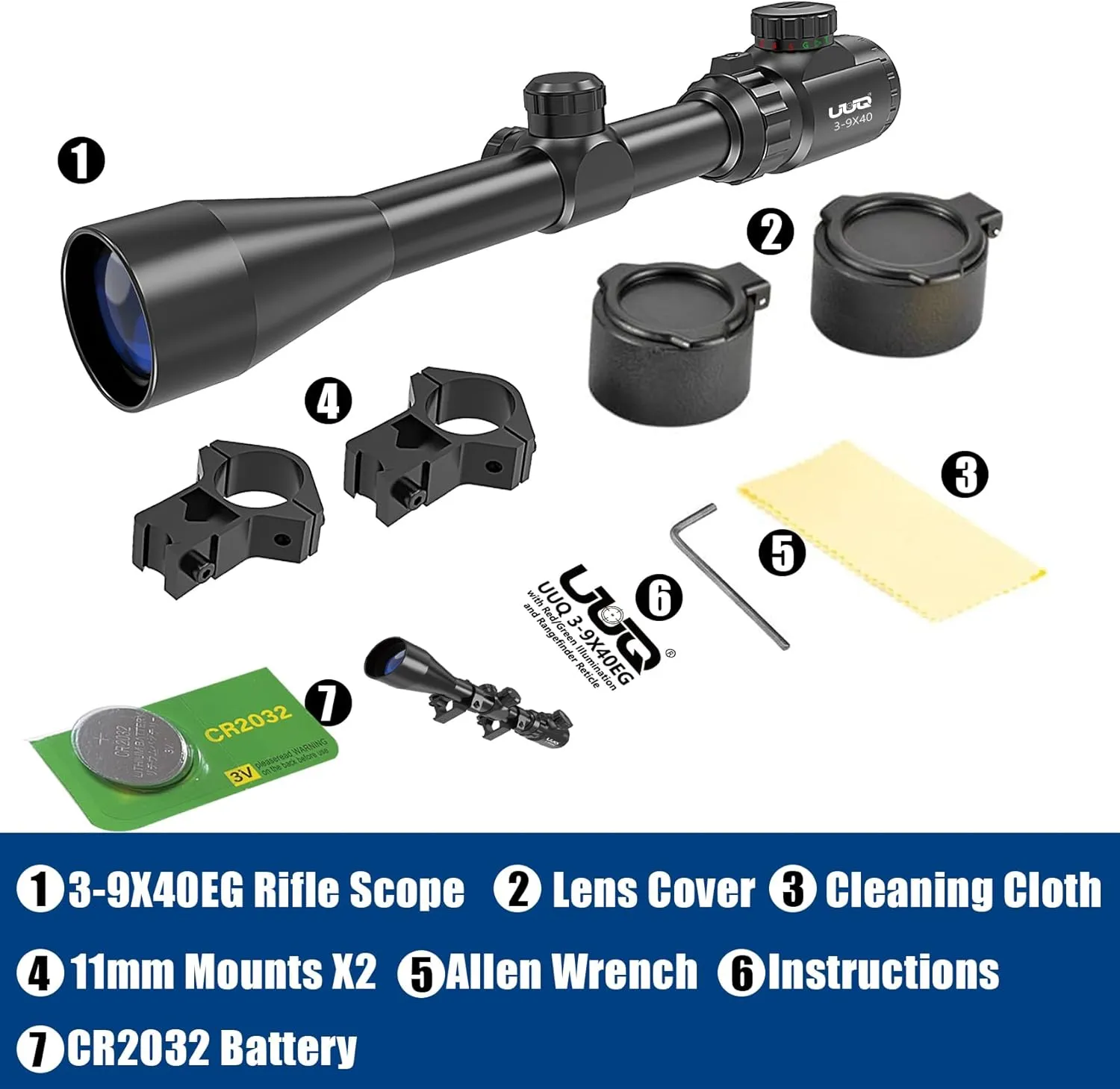 UUQ 3-9×40 Rifle Scope with Red/Green Illumination and Rangefinder Reticle-Includes Batteries,Fits 11mm Free Mounts,Waterproof and Fog-Proof