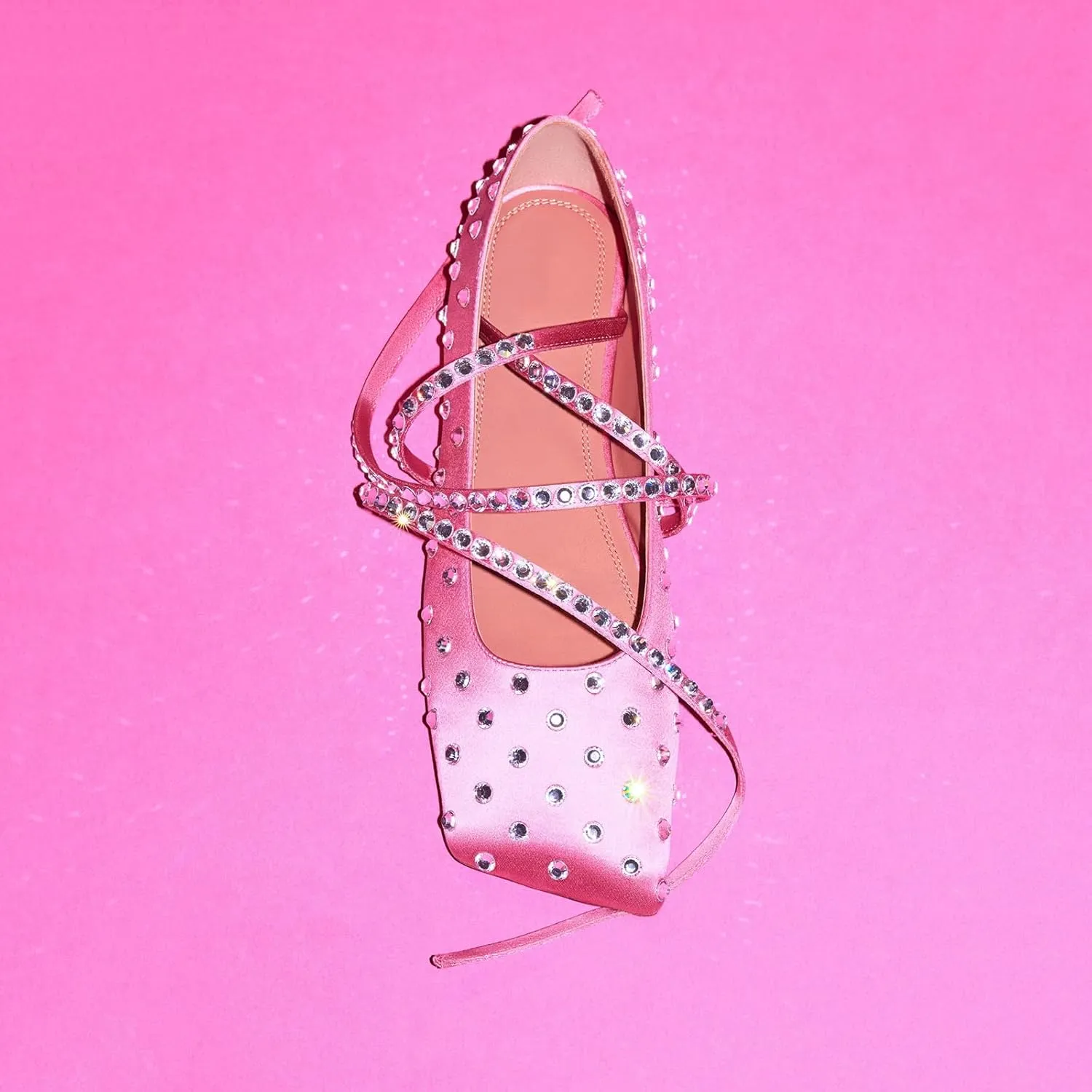 Vertundy Rhinestone Ballet Flats for Women Crystal Ankle Strap Wrap Ballet Flat Square Toe Lace Up Satin Glitter Party Wedding Dress Shoes