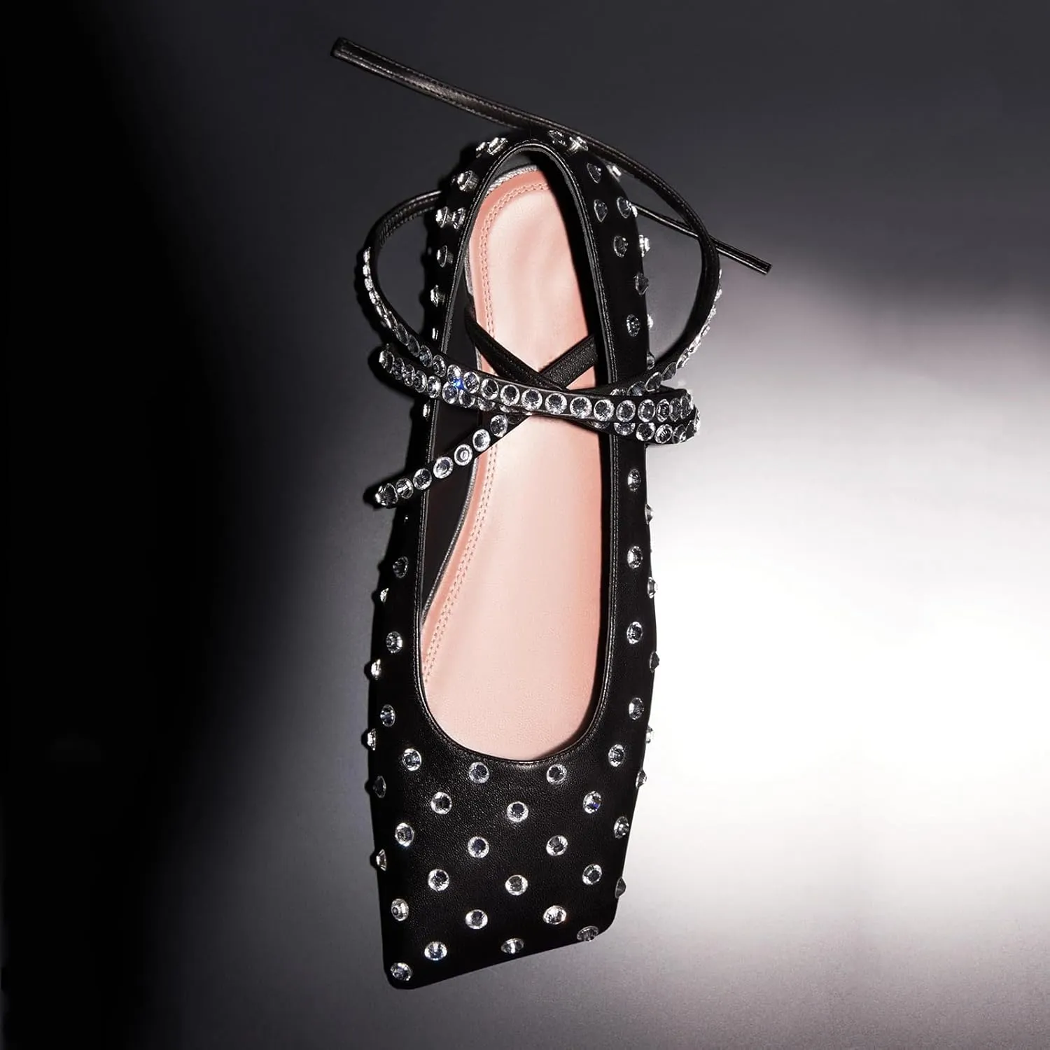 Vertundy Rhinestone Ballet Flats for Women Crystal Ankle Strap Wrap Ballet Flat Square Toe Lace Up Satin Glitter Party Wedding Dress Shoes