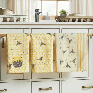 VHC Brands Buzzy Bees Honeypot Tea Towel Set of 3 16x28, Spring Decorative Dish or Hand Towels, Perfect for Kitchen or Bathroom, Spring and Easter Decor
