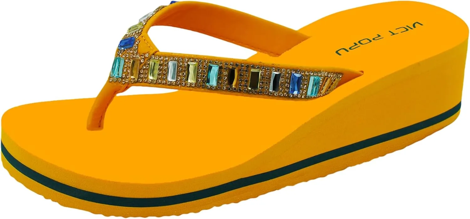 VICT POPU Flip Flops Sandals for Women Bling Rhinestones Jewel High Heel Arch Support Comfortable Soft Cushion Wedge Slip-on Casual Platform Summer Thong Sandals