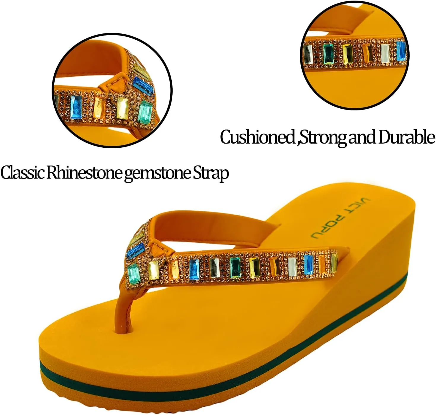 VICT POPU Flip Flops Sandals for Women Bling Rhinestones Jewel High Heel Arch Support Comfortable Soft Cushion Wedge Slip-on Casual Platform Summer Thong Sandals