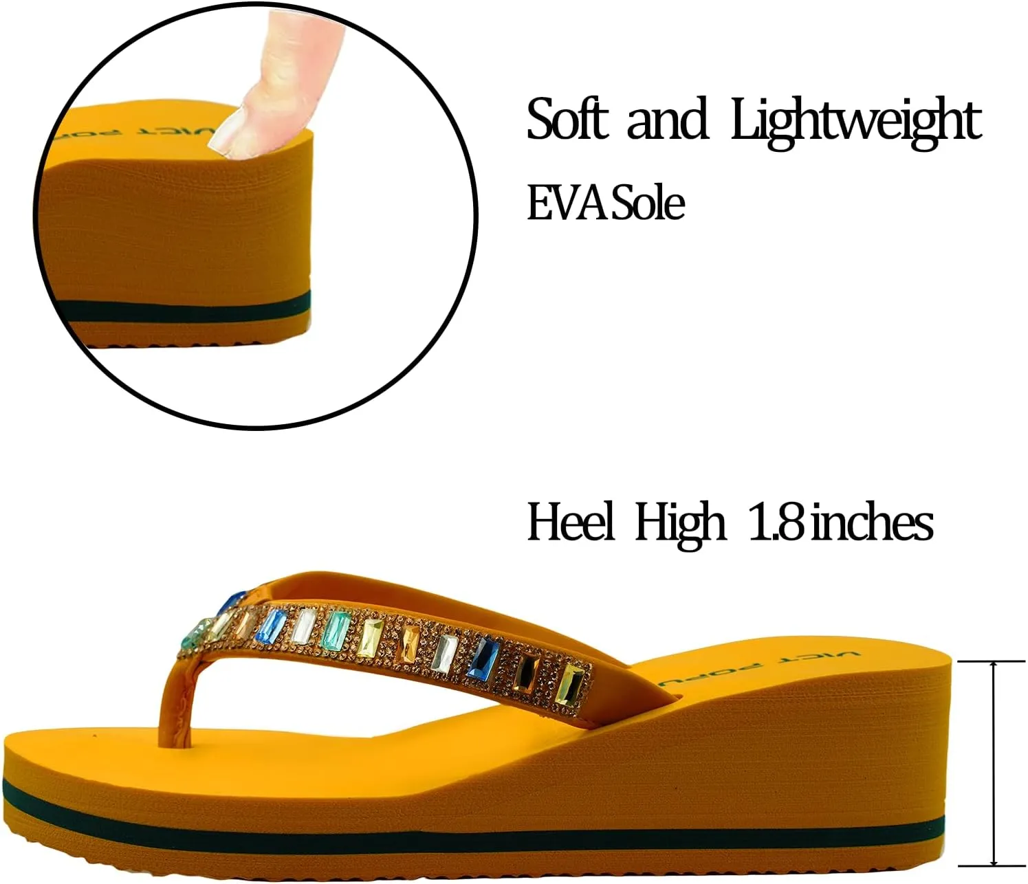 VICT POPU Flip Flops Sandals for Women Bling Rhinestones Jewel High Heel Arch Support Comfortable Soft Cushion Wedge Slip-on Casual Platform Summer Thong Sandals