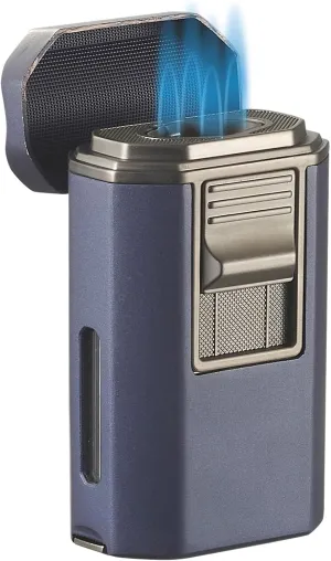 Visol Boulder Butane Torch Quad Flame Refillable Gas Lighter, Built in Cutter, Two Built in Punches, Built in Rest, Windproof Adjustable Flame Lighter (Shipped Without Butane) (Blue)