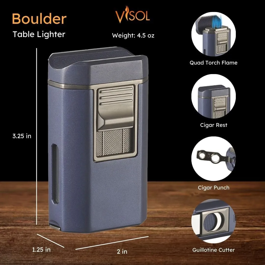 Visol Boulder Butane Torch Quad Flame Refillable Gas Lighter, Built in Cutter, Two Built in Punches, Built in Rest, Windproof Adjustable Flame Lighter (Shipped Without Butane) (Blue)
