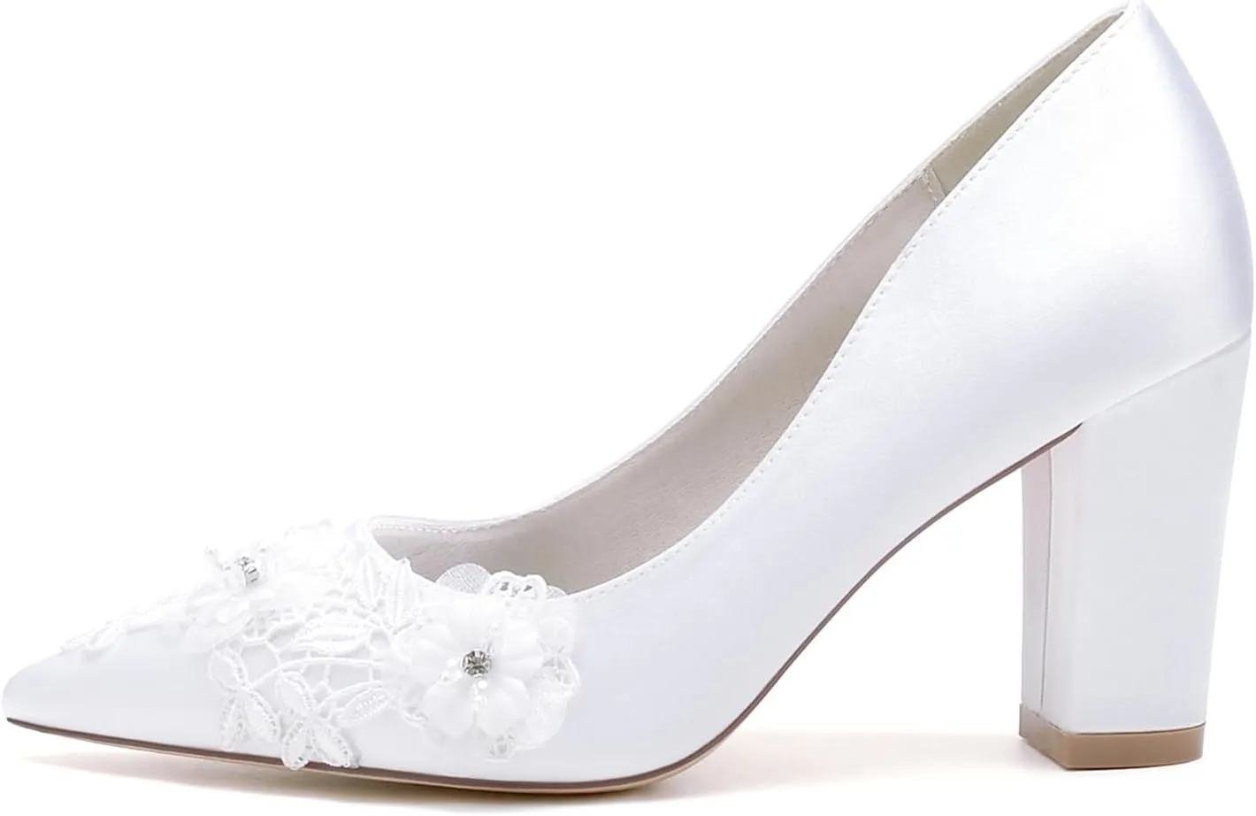 Wdding Shoes for Women Chunky High Heels Satin Bridal Shoes Satin with Embroidery Lace Flower Pointed Toe Slip-on Pump Sandals