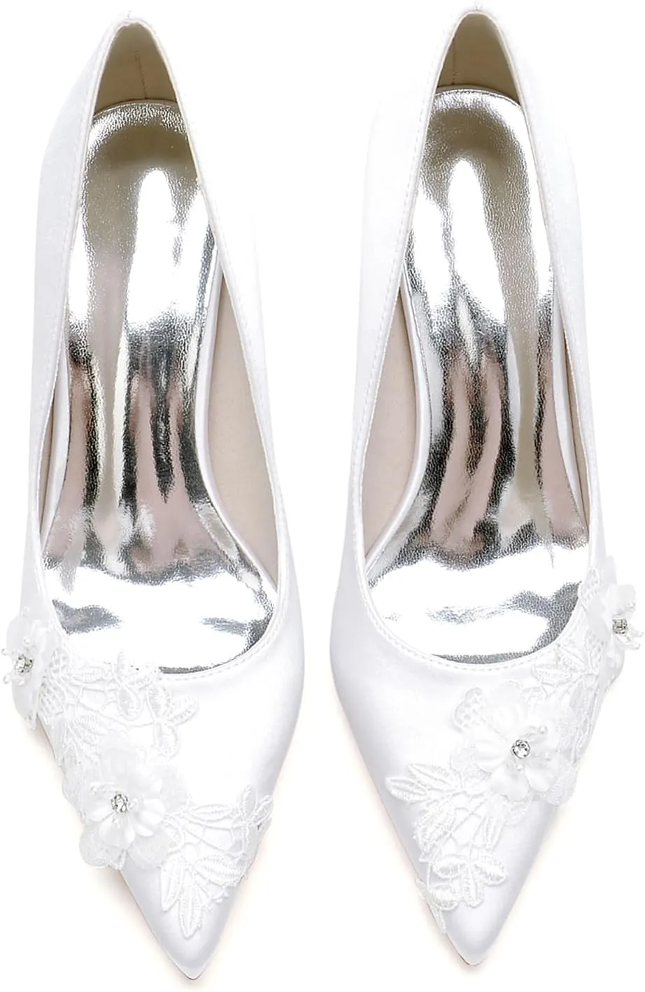 Wdding Shoes for Women Chunky High Heels Satin Bridal Shoes Satin with Embroidery Lace Flower Pointed Toe Slip-on Pump Sandals