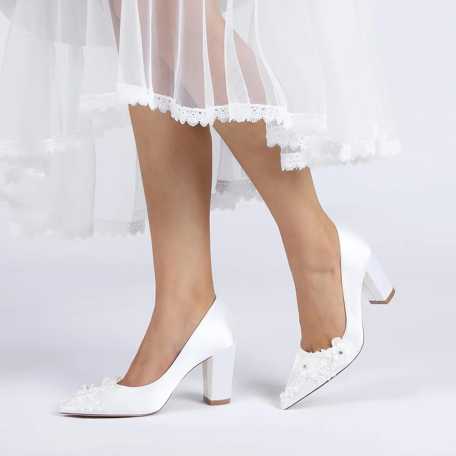 Wdding Shoes for Women Chunky High Heels Satin Bridal Shoes Satin with Embroidery Lace Flower Pointed Toe Slip-on Pump Sandals