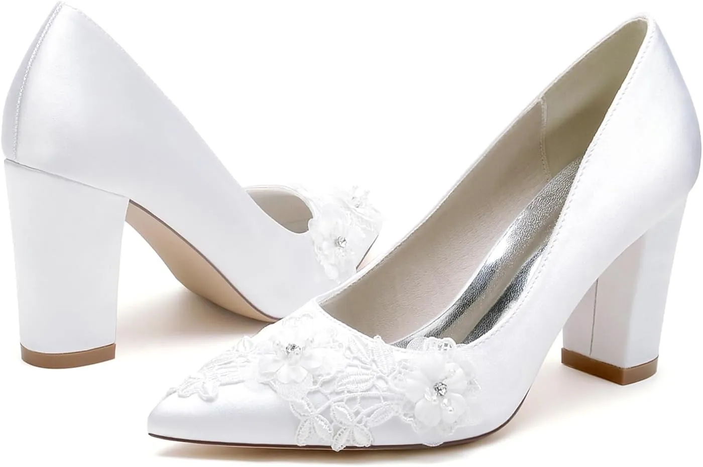 Wdding Shoes for Women Chunky High Heels Satin Bridal Shoes Satin with Embroidery Lace Flower Pointed Toe Slip-on Pump Sandals