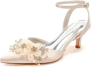 Wedding Bridal Shoes Satin Low Heels Women's Pointed Toe Ankle Strappy Pumps Slingback Kitten Heel Sandals 6Cm