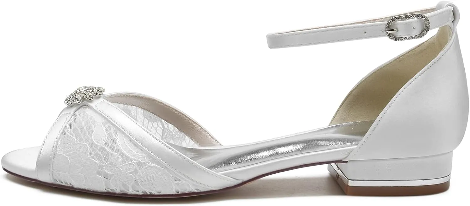 Wedding Dress Shoes for Women Satin eith Lace Bridal Shoes for The Bride Flat Crystal Open Toe Pointed Toe Sandals Pumps Flat