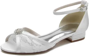 Wedding Dress Shoes for Women Satin eith Lace Bridal Shoes for The Bride Flat Crystal Open Toe Pointed Toe Sandals Pumps Flat