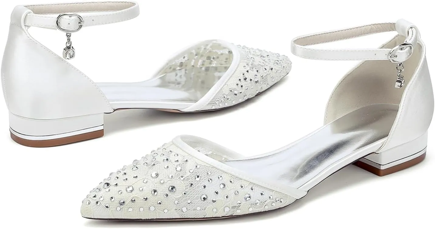 Wedding Shoes Bride Flat Sandals Women's Pointed Toe Dress Flats Bridal Prom Shoes 2.5Cm