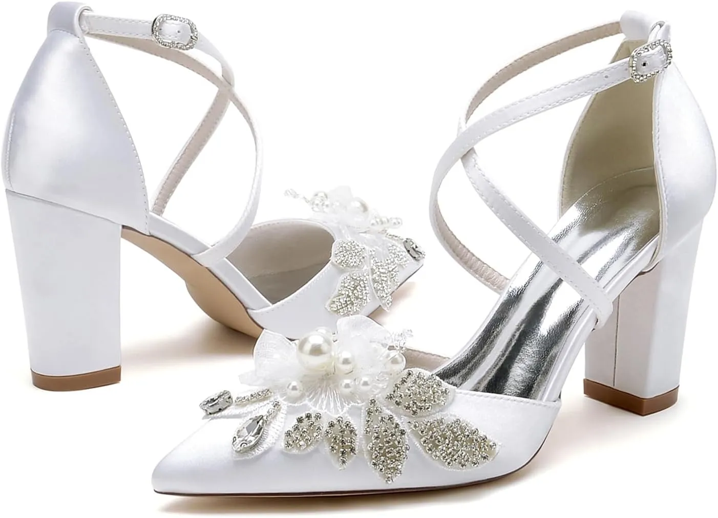 Wedding Shoes for Bride Rhinestones Women's Pointed Toe Block Heels Wedding Shoes Cross Strap Closed Toes Pumps Sandal