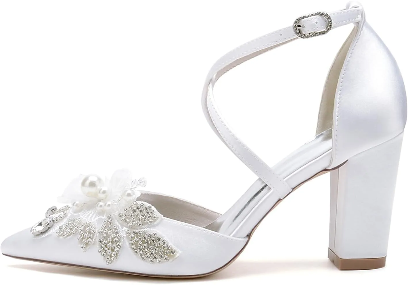 Wedding Shoes for Bride Rhinestones Women's Pointed Toe Block Heels Wedding Shoes Cross Strap Closed Toes Pumps Sandal