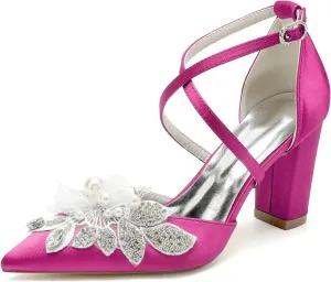 Wedding Shoes for Bride Rhinestones Women's Pointed Toe Block Heels Wedding Shoes Cross Strap Closed Toes Pumps Sandal