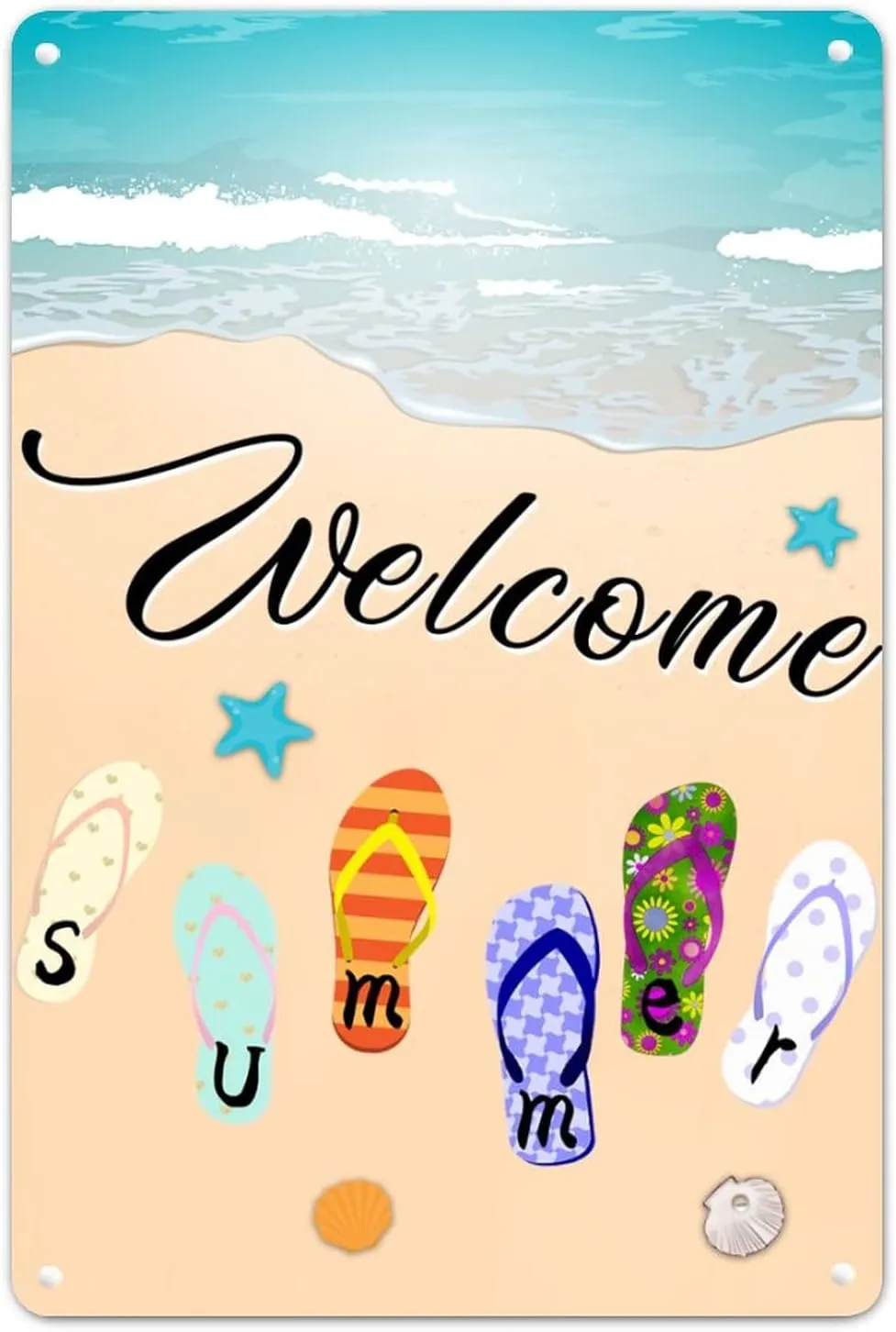 Welcome Beach Flip Flop Tin Plaque Novelty Personalized Metal Plaque Summer Sandals Travel Souvenirs Decor Iron Painting Beach House Decor for Table Study Room Patio Man Cave 12x8in